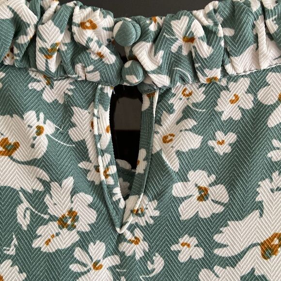 Green Floral Feminine Flowy Raglan Sleeve Ruffle Neck Summer Dress - Picture 6 of 11